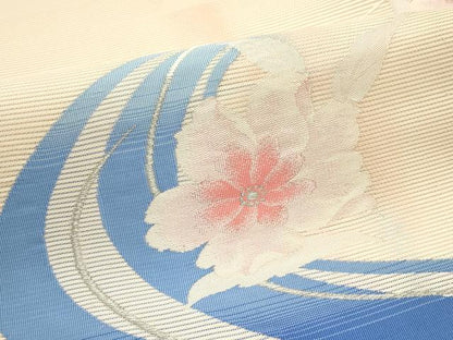 平和屋着物＊夏物　九寸名古屋帯　流水花文　銀糸　正絹　逸品　未使用　CABG7440rv