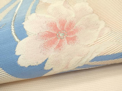 平和屋着物＊夏物　九寸名古屋帯　流水花文　銀糸　正絹　逸品　未使用　CABG7440rv