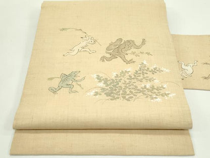 平和屋着物＊夏物　染色作家　桐山紫香　九寸名古屋帯　手描き　鳥獣戯画　絹麻　逸品　CABG7453rv