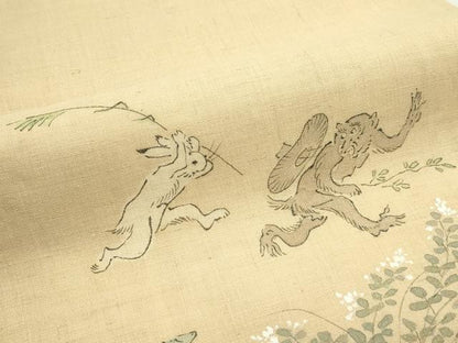 平和屋着物＊夏物　染色作家　桐山紫香　九寸名古屋帯　手描き　鳥獣戯画　絹麻　逸品　CABG7453rv