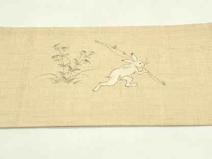 平和屋着物＊夏物　染色作家　桐山紫香　九寸名古屋帯　手描き　鳥獣戯画　絹麻　逸品　CABG7453rv