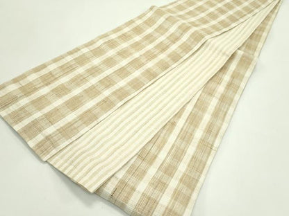 平和屋着物＊夏物　両面　半幅帯　格子柄　間道　麻　逸品　CABG7456rv