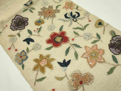 平和屋着物＊夏物　八寸名古屋帯　絽刺し　区限刺繍　草花文　正絹　逸品　CABG7484rv