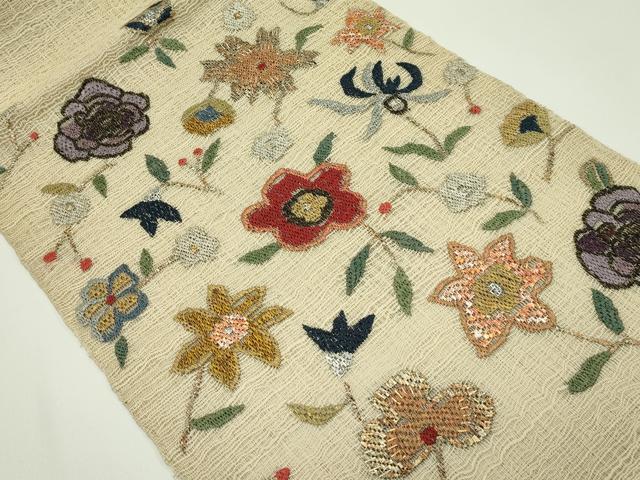 平和屋着物＊夏物　八寸名古屋帯　絽刺し　区限刺繍　草花文　正絹　逸品　CABG7484rv