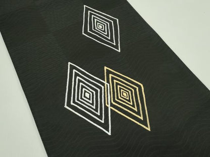 平和屋着物＊夏物 太鼓柄袋帯 菱文様 黒地 金銀彩 正絹 逸品 未使用 CABG7488rv