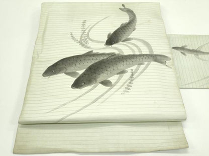 平和屋着物＊夏物　アンティーク　大正ロマン　絽塩瀬　九寸名古屋帯　作家物　手描き　魚　正絹　逸品　CABG7499rv