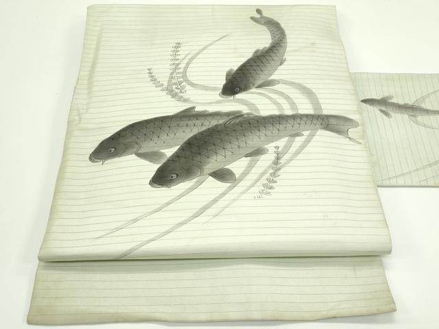 平和屋着物＊夏物　アンティーク　大正ロマン　絽塩瀬　九寸名古屋帯　作家物　手描き　魚　正絹　逸品　CABG7499rv