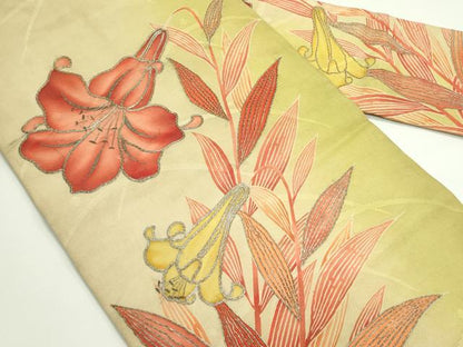 平和屋着物＊夏物　アンティーク　大正ロマン　九寸名古屋帯　駒刺繍　百合　正絹　逸品　CABG7500rv