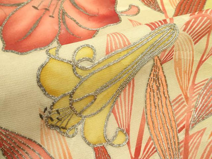 平和屋着物＊夏物　アンティーク　大正ロマン　九寸名古屋帯　駒刺繍　百合　正絹　逸品　CABG7500rv