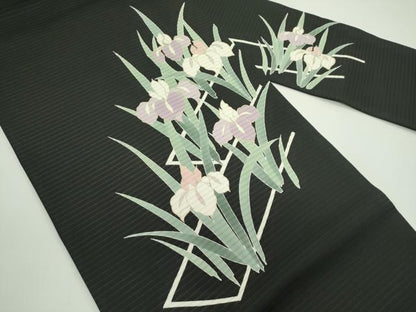 平和屋着物＊夏物　絽塩瀬　九寸名古屋帯　杜若　黒地　金彩　正絹　逸品　CABG7517rv