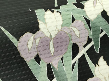 平和屋着物＊夏物　絽塩瀬　九寸名古屋帯　杜若　黒地　金彩　正絹　逸品　CABG7517rv