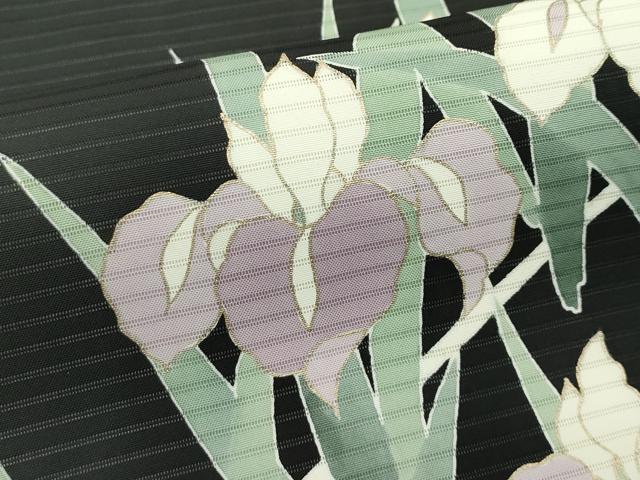 平和屋着物＊夏物　絽塩瀬　九寸名古屋帯　杜若　黒地　金彩　正絹　逸品　CABG7517rv