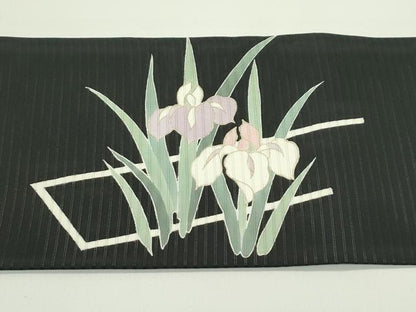 平和屋着物＊夏物　絽塩瀬　九寸名古屋帯　杜若　黒地　金彩　正絹　逸品　CABG7517rv