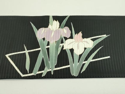 平和屋着物＊夏物　絽塩瀬　九寸名古屋帯　杜若　黒地　金彩　正絹　逸品　CABG7517rv