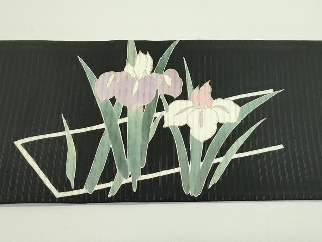 平和屋着物＊夏物　絽塩瀬　九寸名古屋帯　杜若　黒地　金彩　正絹　逸品　CABG7517rv
