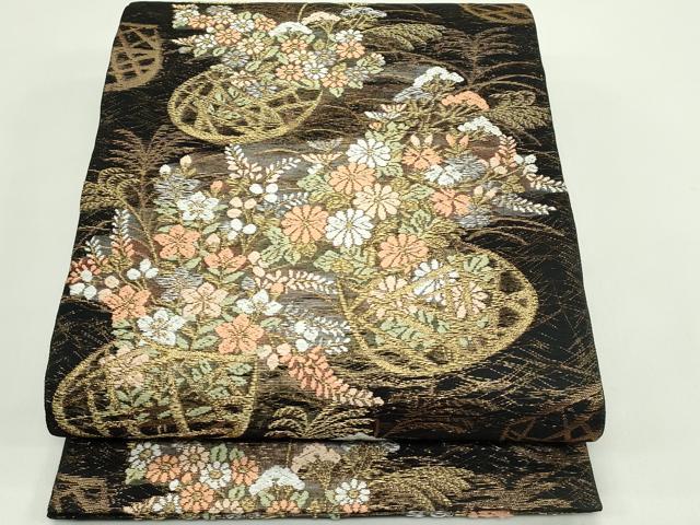 平和屋着物＊夏物　六通柄袋帯　唐織　花籠文　黒地　金銀糸　正絹　逸品　CABG7559rv