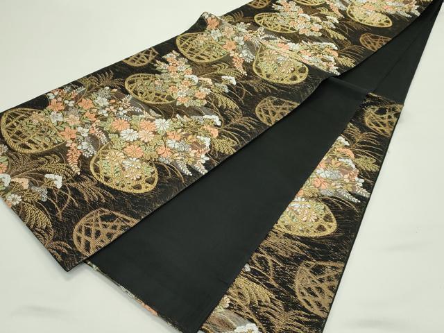 平和屋着物＊夏物　六通柄袋帯　唐織　花籠文　黒地　金銀糸　正絹　逸品　CABG7559rv