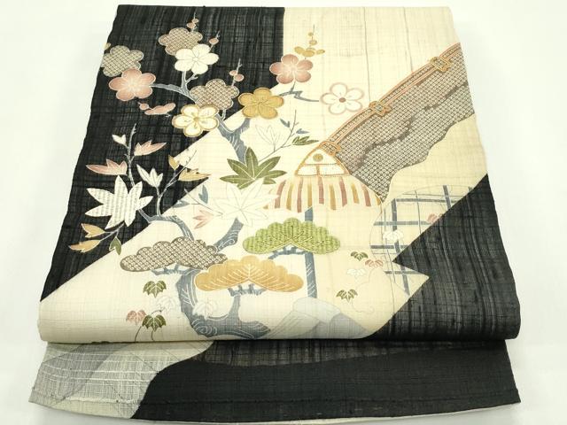 平和屋着物＊夏物 太鼓柄 京袋帯 紬地 駒刺繍 松竹梅風景文 金糸 正絹 逸品 CABG7570rv