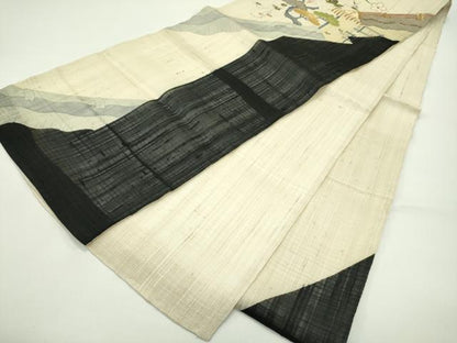 平和屋着物＊夏物 太鼓柄 京袋帯 紬地 駒刺繍 松竹梅風景文 金糸 正絹 逸品 CABG7570rv