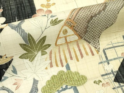平和屋着物＊夏物 太鼓柄 京袋帯 紬地 駒刺繍 松竹梅風景文 金糸 正絹 逸品 CABG7570rv