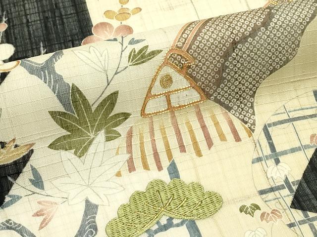 平和屋着物＊夏物 太鼓柄 京袋帯 紬地 駒刺繍 松竹梅風景文 金糸 正絹 逸品 CABG7570rv