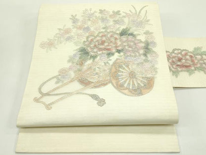 平和屋着物＊夏物　九寸名古屋帯　駒刺繍　花車文　銀彩　正絹　逸品　CABG7580rv