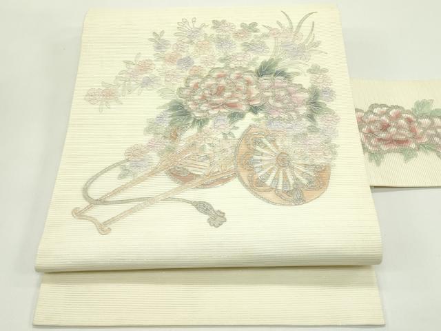 平和屋着物＊夏物　九寸名古屋帯　駒刺繍　花車文　銀彩　正絹　逸品　CABG7580rv