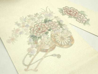 平和屋着物＊夏物　九寸名古屋帯　駒刺繍　花車文　銀彩　正絹　逸品　CABG7580rv