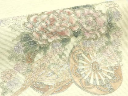 平和屋着物＊夏物　九寸名古屋帯　駒刺繍　花車文　銀彩　正絹　逸品　CABG7580rv