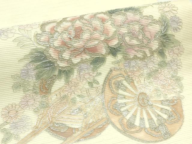平和屋着物＊夏物　九寸名古屋帯　駒刺繍　花車文　銀彩　正絹　逸品　CABG7580rv