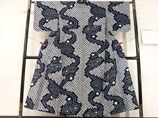平和屋着物∴夏物　浴衣　有松鳴海絞り　扇面花文　綿　逸品　CABG7610vp