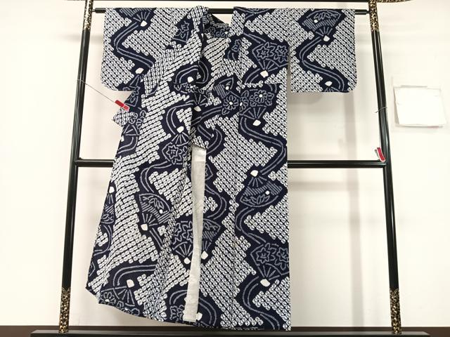 平和屋着物∴夏物　浴衣　有松鳴海絞り　扇面花文　綿　逸品　CABG7610vp