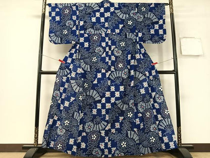 平和屋着物∴夏物　浴衣　有松鳴海絞り　扇面花文　綿　逸品　CABG7616vp