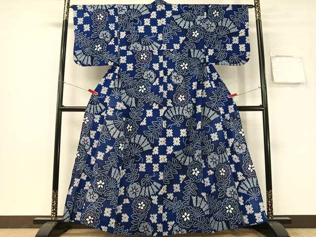 平和屋着物∴夏物　浴衣　有松鳴海絞り　扇面花文　綿　逸品　CABG7616vp