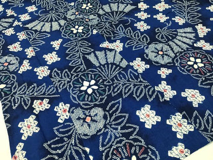 平和屋着物∴夏物　浴衣　有松鳴海絞り　扇面花文　綿　逸品　CABG7616vp