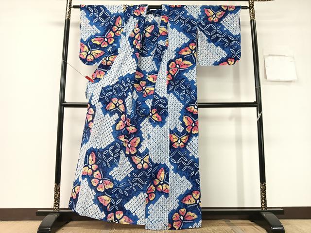 平和屋着物∴夏物　浴衣　有松鳴海絞り　舞蝶七宝文　綿　逸品　CABG7622vp