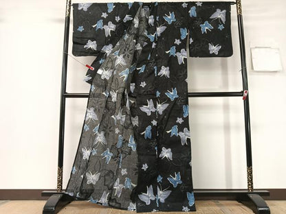 平和屋着物∴夏物　浴衣　綿紅梅　舞蝶花文　黒地　綿　逸品　CABG7624vp