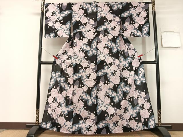 平和屋着物∴夏物　浴衣　綿紅梅　薔薇　舞蝶　黒地　銀彩　綿　逸品　CABG7635vp