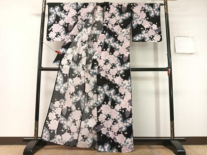 平和屋着物∴夏物　浴衣　綿紅梅　薔薇　舞蝶　黒地　銀彩　綿　逸品　CABG7635vp
