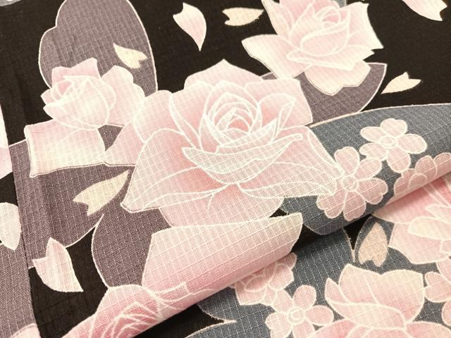 平和屋着物∴夏物　浴衣　綿紅梅　薔薇　舞蝶　黒地　銀彩　綿　逸品　CABG7635vp
