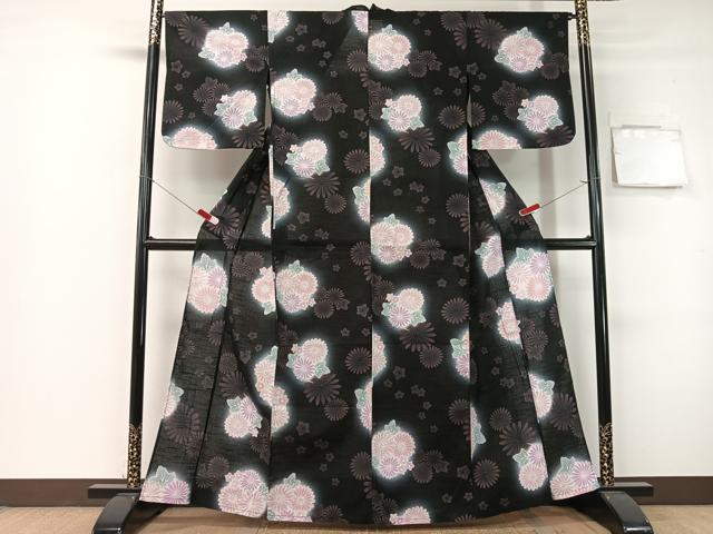 平和屋着物∴夏物　浴衣　花丸文　黒地　綿　逸品　CABG7644vp