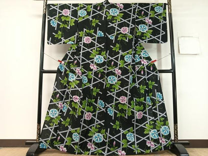 平和屋着物∴夏物　浴衣　朝顔　黒地　綿　逸品　CABG7646vp