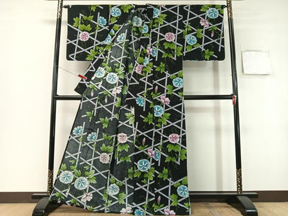 平和屋着物∴夏物　浴衣　朝顔　黒地　綿　逸品　CABG7646vp