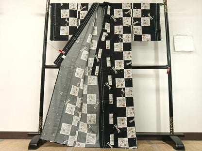 平和屋着物∴服飾評論家　市田ひろみ　夏物　浴衣　辻が花　トンボ　黒地　綿　逸品　未使用　CABG7658vp