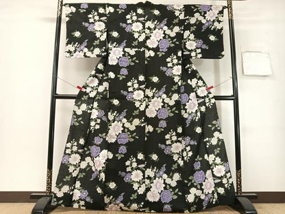 平和屋着物∴夏物　浴衣　草花文　黒地　綿　逸品　CABG7674vp