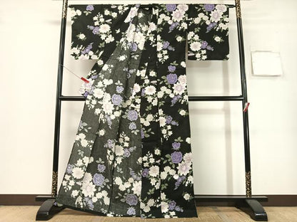 平和屋着物∴夏物　浴衣　草花文　黒地　綿　逸品　CABG7674vp