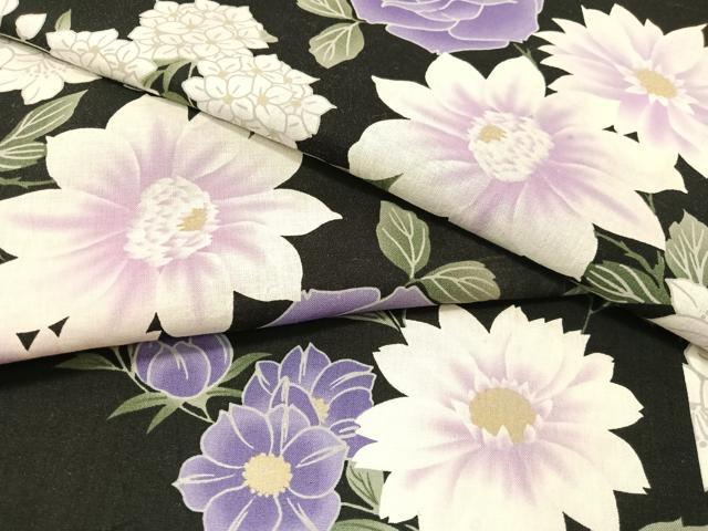 平和屋着物∴夏物　浴衣　草花文　黒地　綿　逸品　CABG7674vp