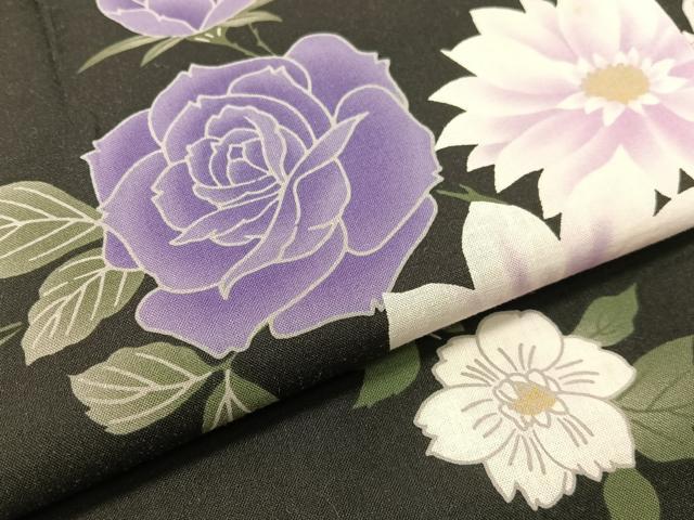 平和屋着物∴夏物　浴衣　草花文　黒地　綿　逸品　CABG7674vp