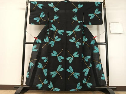 平和屋着物∴夏物　浴衣　トンボ　黒地　綿　逸品　CABG7679vp