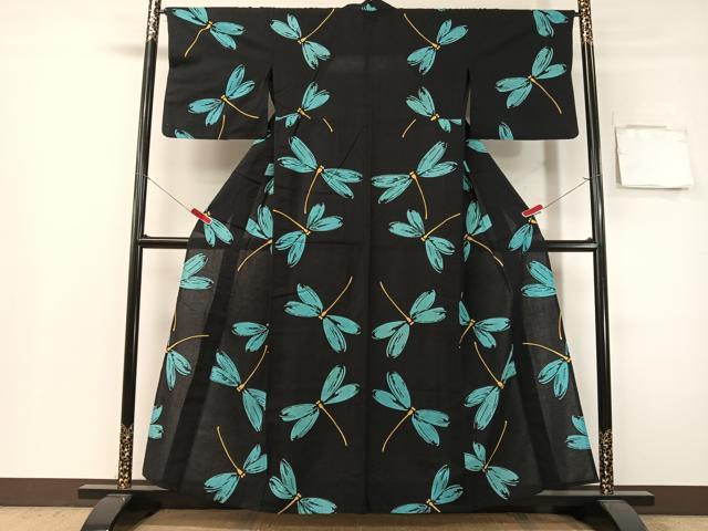 平和屋着物∴夏物　浴衣　トンボ　黒地　綿　逸品　CABG7679vp